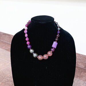 JEWELRY -9.5" beaded necklace, abstract beads, purple, pink, gray, silver, round
